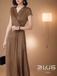 Heavyweight Acetic Acid Silk Dress for Women to Look Slim 2024 Summer New Fashion and Elegant V-neck Brand Elegance Long Dress