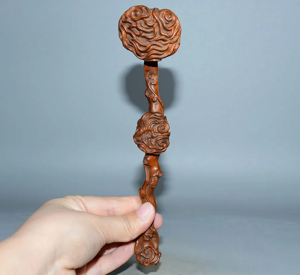 

9"Tibetan Temple Collection Old Boxwood Ganoderma Fortune Flower Ruyi May all your wishes come true Worship Hall Town house