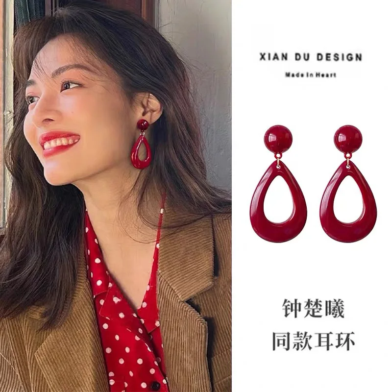 Earrings Red Hollow Drop Vintage Lightweight Alloy Openwork Retro HK Style Bold Chic Jewelry for Women Party Gift