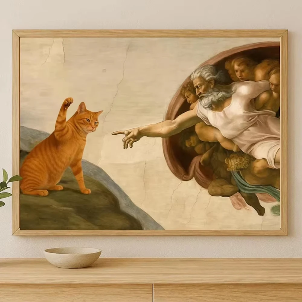 

50X70CM Adult 1000PCS Paper Jigsaw Puzzle Whimsical 'Creation of Adam' with Orange Cat Stress Relief Entertainment Children Toy