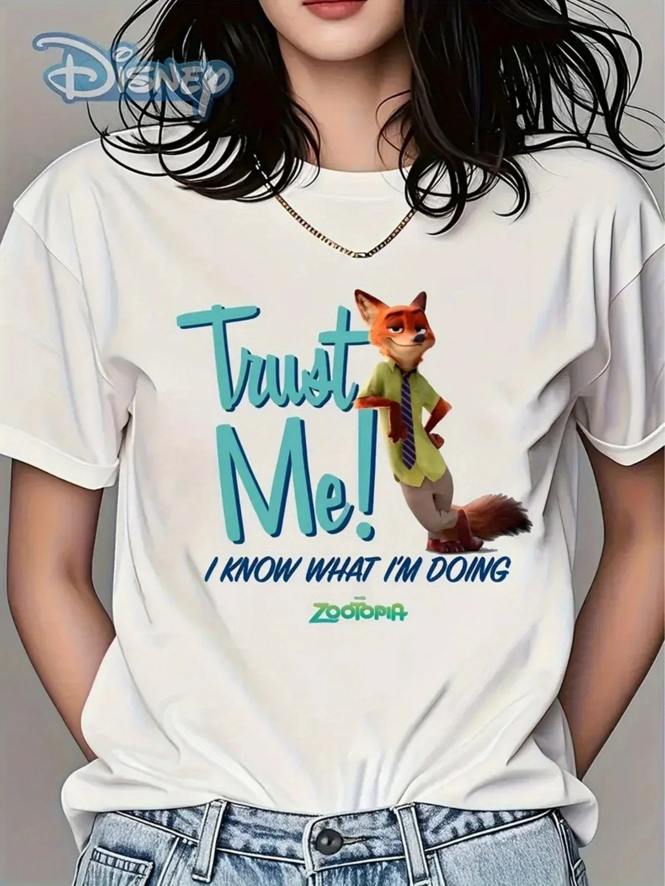 

Disney Zootopia Graphic Tee for Women Trust Me Nick Wilde Design Colorful Cartoon Artwork Womens Crew Neck Casual T Shirt