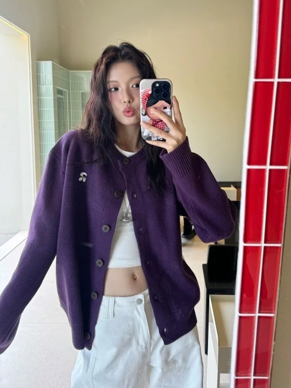 

Женский фиолетовый вязаный кардиган-свитер: мягкий, уютный, в расслабленном стиле, осенняя мода, высококачественный, для повседневной носки, L