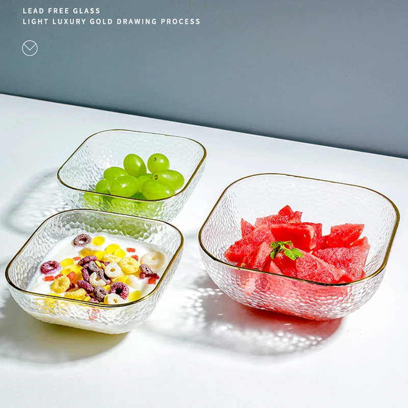 Phnom Penh Square Glass Bowl Tableware Household Fruit Bowl Dessert Salad Bowl Japanese Noodle Bowl Tableware Soup Bowl