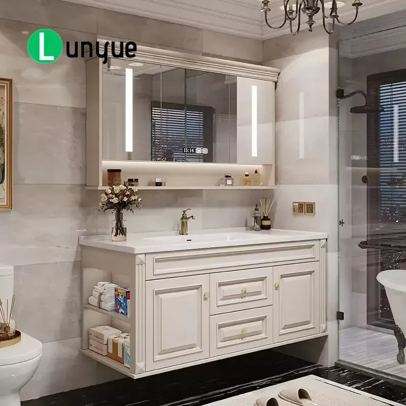 Wall Mounted Bathroom Vanity with Open Storage Rack LED Mirror Clock Defogger White Integrated Sink Modern Space Saving
