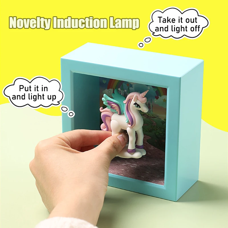 Unicorn Photo Frame Light, Novelty Induction Lamp, LED Luminous Ornament, Put In and Light Up, Doll Figurine- Gift for Home Deco