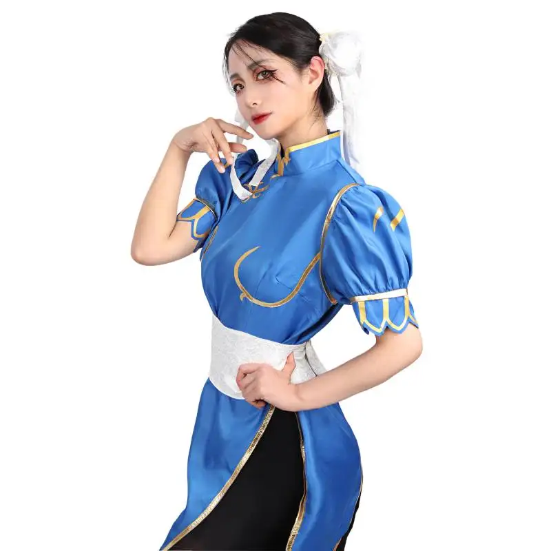 DAZCOS 4Pcs/set Game Chun-Li Cosplay Costume Blue Cheongsam Head Buns White Elastic Waistband and Black Panty-hose Halloween New