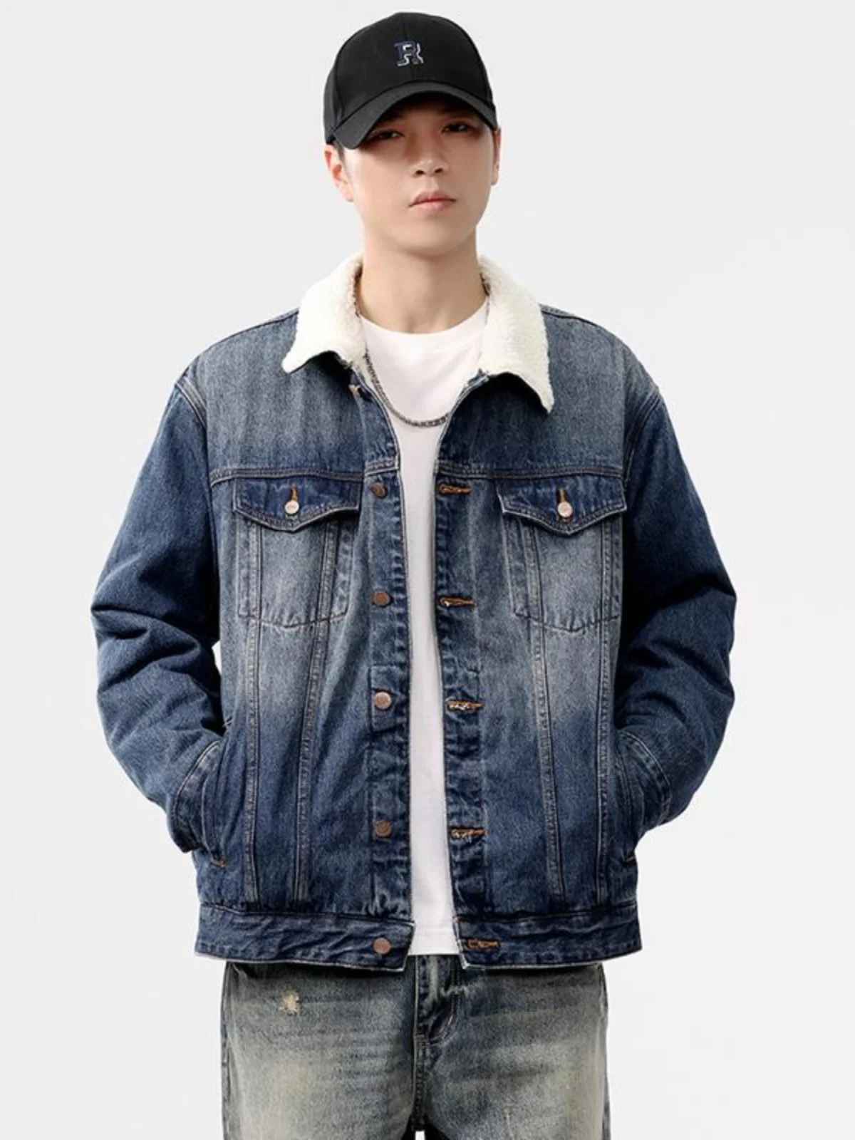 

Retro Fur Collar Thiened Denim Jaet for Men Warm Cotton Workwear Loose Fit Large Size Inner Fce Jaet Youth Trend