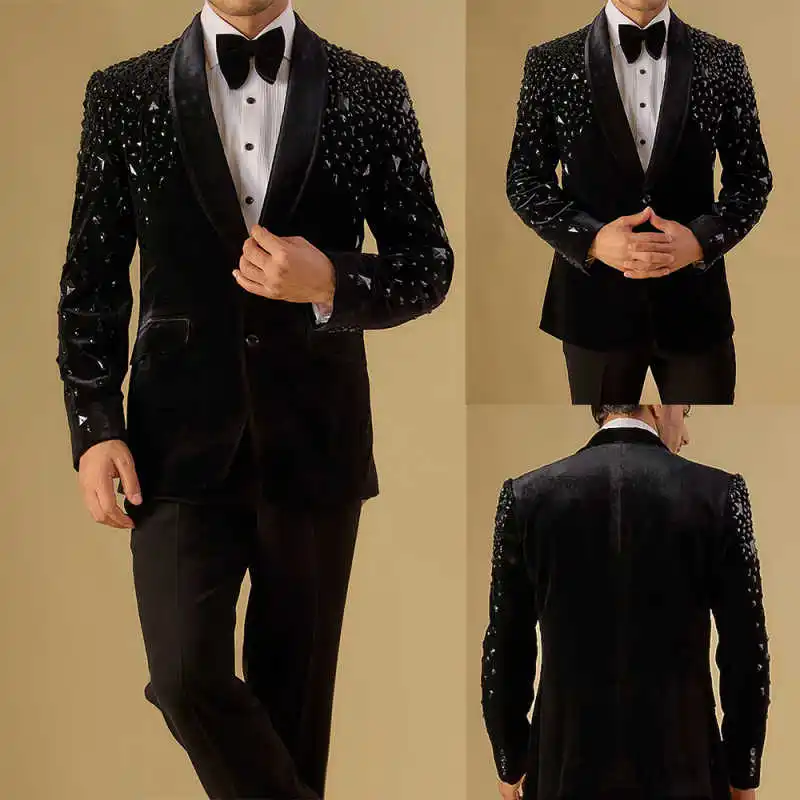 

Luxury Men Suit 2-Piece Blazer Single Breasted Jacket Crystals Beaded Slim Fit Wedding Tuxedo Groom Prom Customized