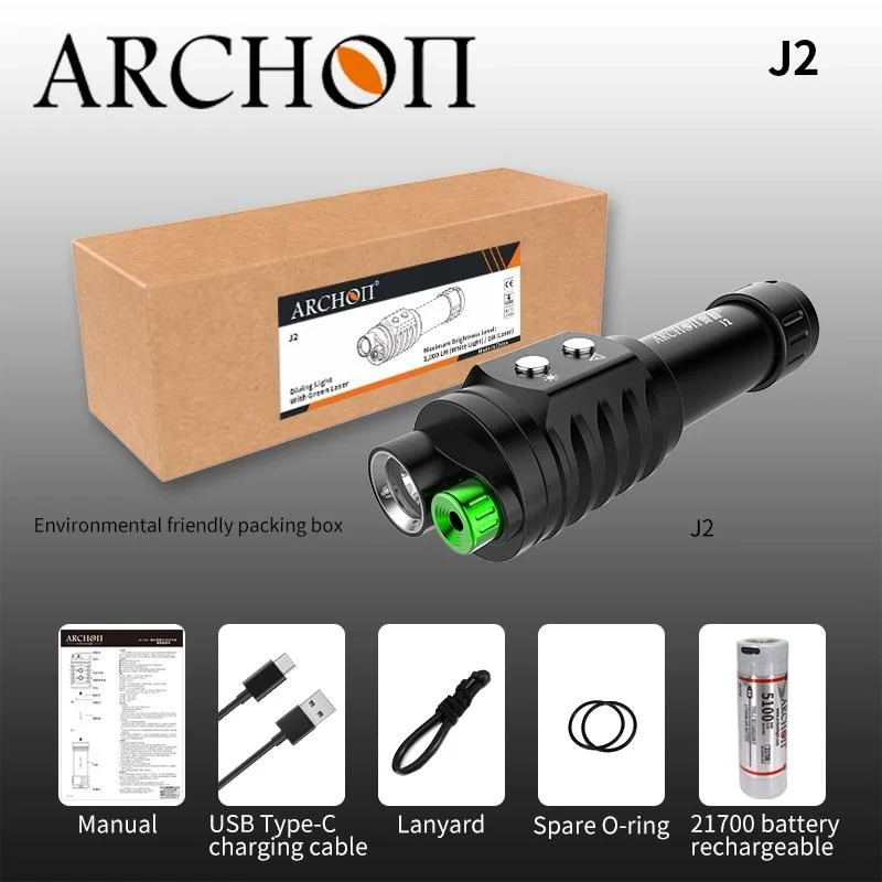 ARCHON J2 Diving LED Flashlight 1000 Lumens Torch Light Underwater 100m by Rechargeable 21700 5100Mah Battery for Self Defense