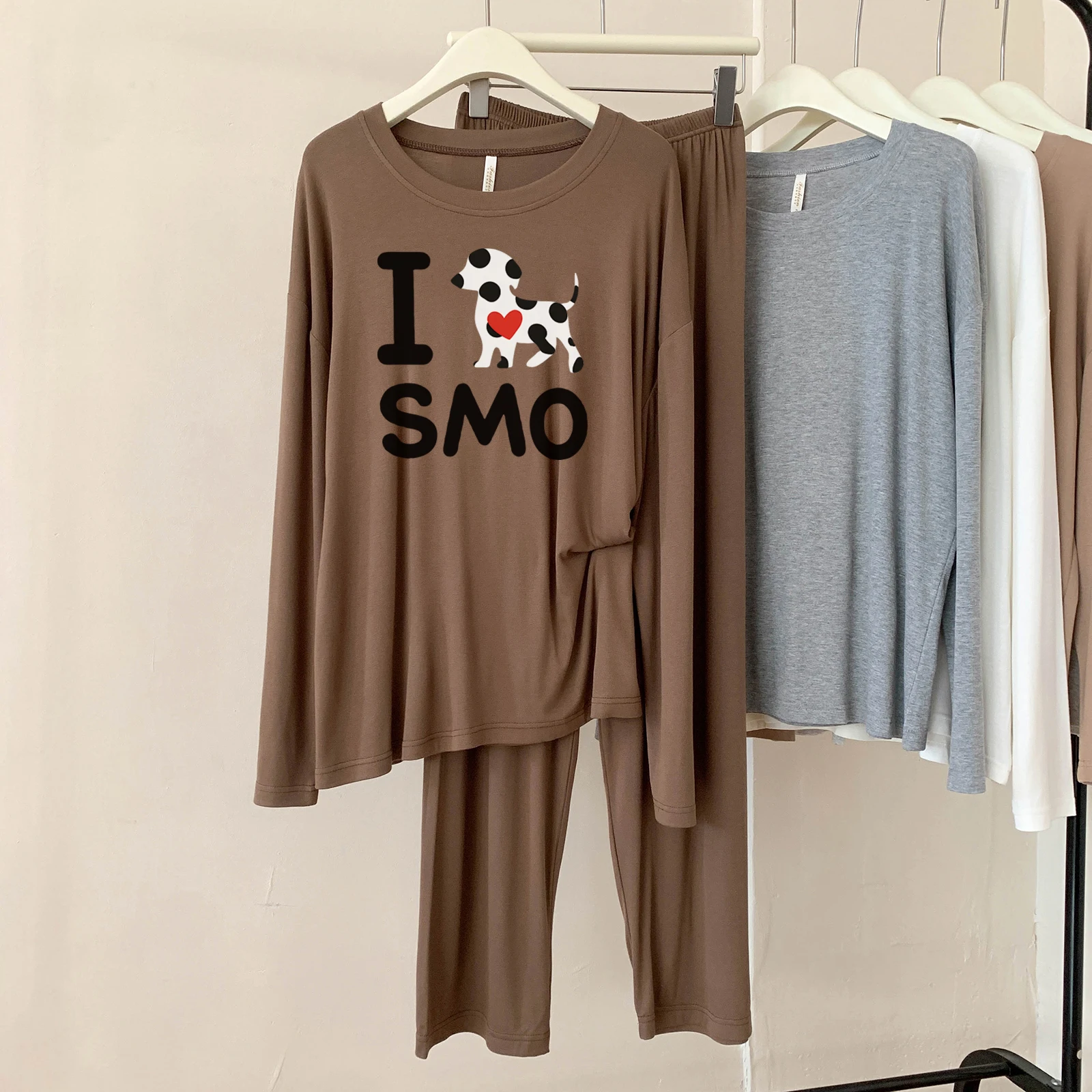 

5117-306 Женская пижама из модала, весенне-осенний новый стиль, повседневная, простая, однотонная, с круглым вырезом, с длинными рукавами, удобный, дышащий комплект домашней одежды