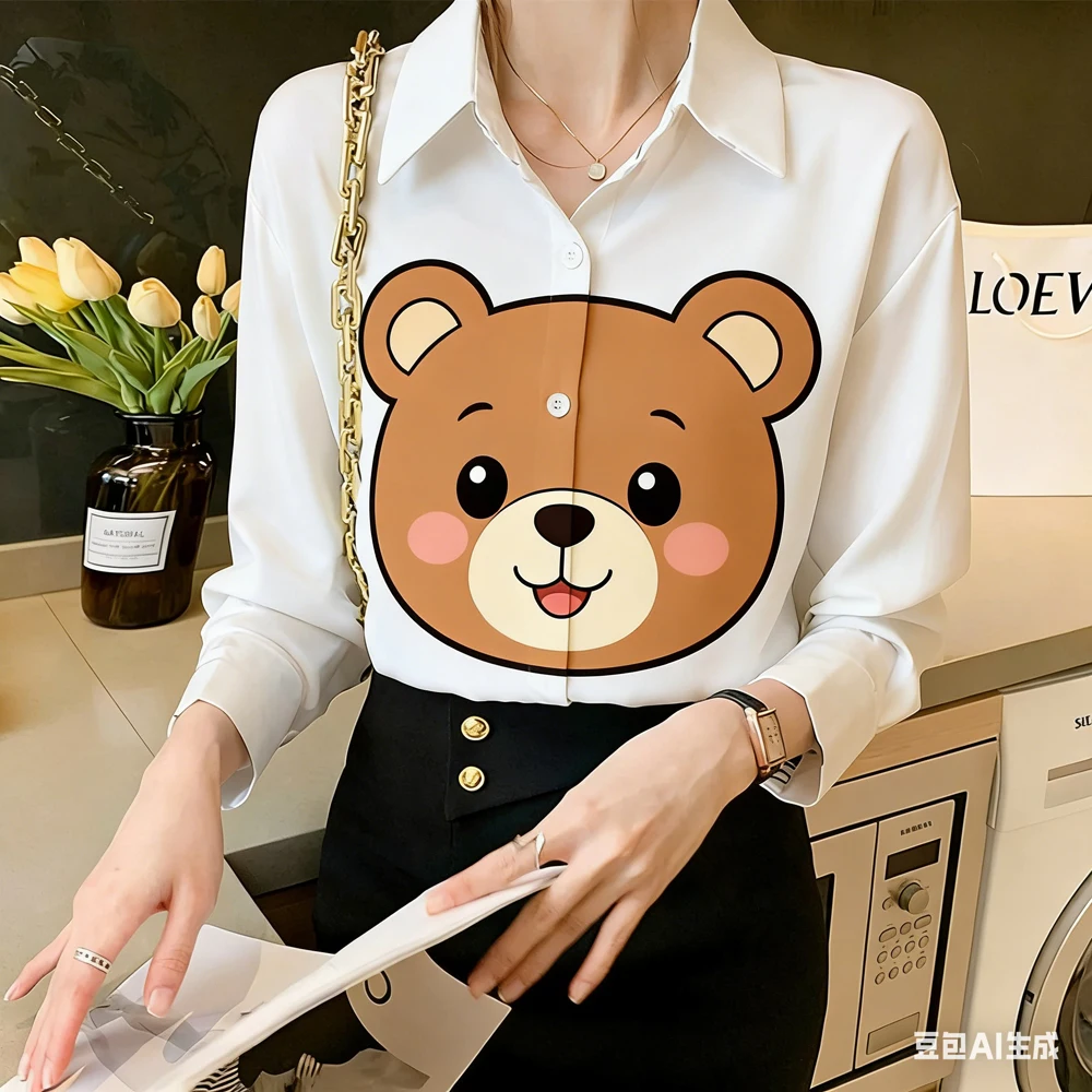 Spring Women's Elegant Neck Allover Printed Button Long Sleeve Shirt Casual New Season Tops
