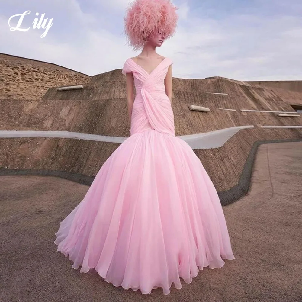 Lily Pink Elegant Evening Dresses V-Neck Off the Shoulder Prom Dress A-Line Pleating Formal Gown for Woman 프롬 드레스 Customized