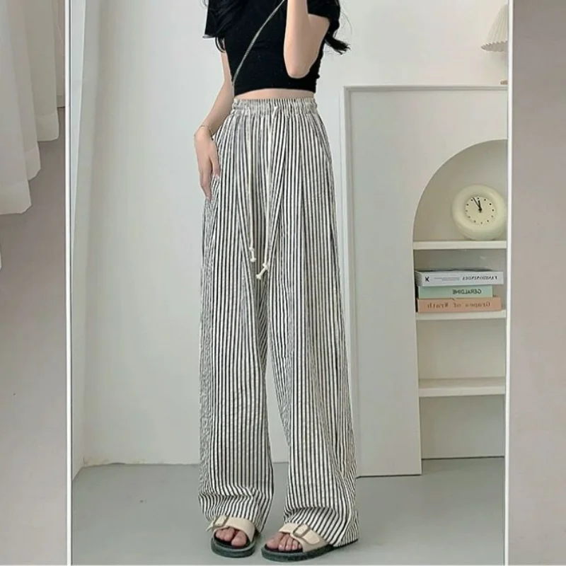 

American Vintage Trendy Vertical Stripe Wide Leg Pants Women Summer Elastic High Waist Drawstring Pocket Loose Straight Trousers