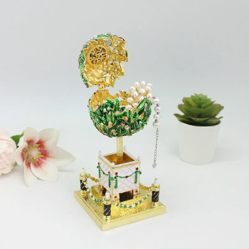 SHINNYGIFTS Handmade Enameled Trinket Jewelry Box Easter Egg Leaf Fence Design with Hinged Lid Vintage Home Decor Gift for Women