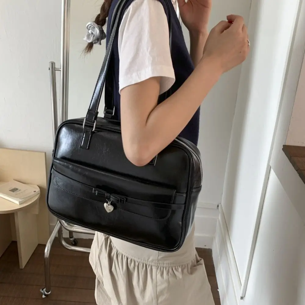 

Fashion Heart Bow Bowling Bag College Style PU JK Uniform Bag Handbag Y2k Boston Backpack School