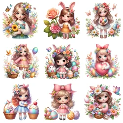 15cm Creative Flower Easter Rabbit Girl Iron On Heat Transfer Sticker For Clothes Pinted Vinyl Thermal Washable T-Shirt Applique