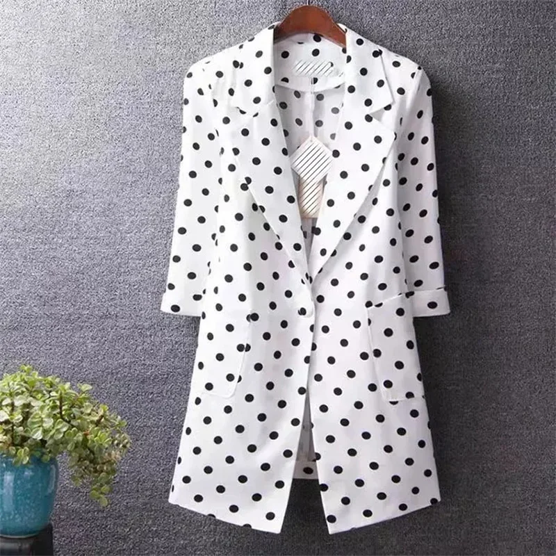

2024 New Summer Women Blazer Polka Dots Thin Jacket Female Office Lady Suit Coat Professional Wear Casual Jackets Blazers 5XL