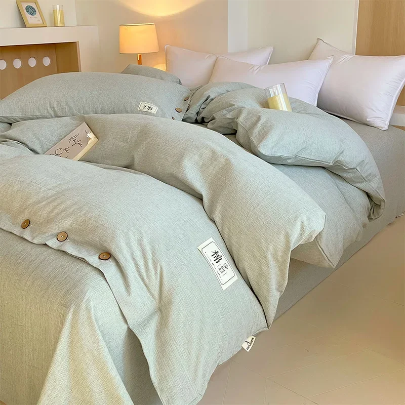 New 100% Cotton Yarn Dyed Duvet Cover Japanese Striped Checkered Button Quilt Cover Queen King Comforter Kit for All Seasons