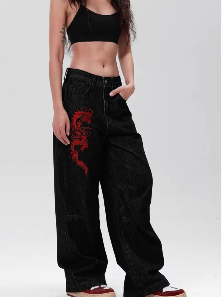 Retro National Trend Embroidered Dragon Wide-leg Jeans Casual Versatile Niche Design Loose Straight-leg Trendy Women's Jeans