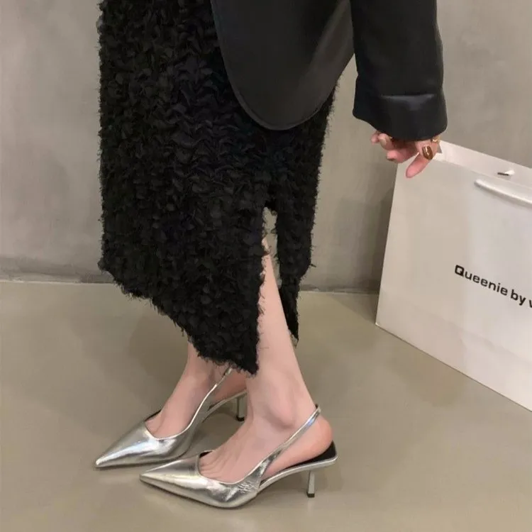 

Silver High Heels, Pointed Oversized Toe Sandals, Fairy Shoes, 2025 New Spring and Summer French Style