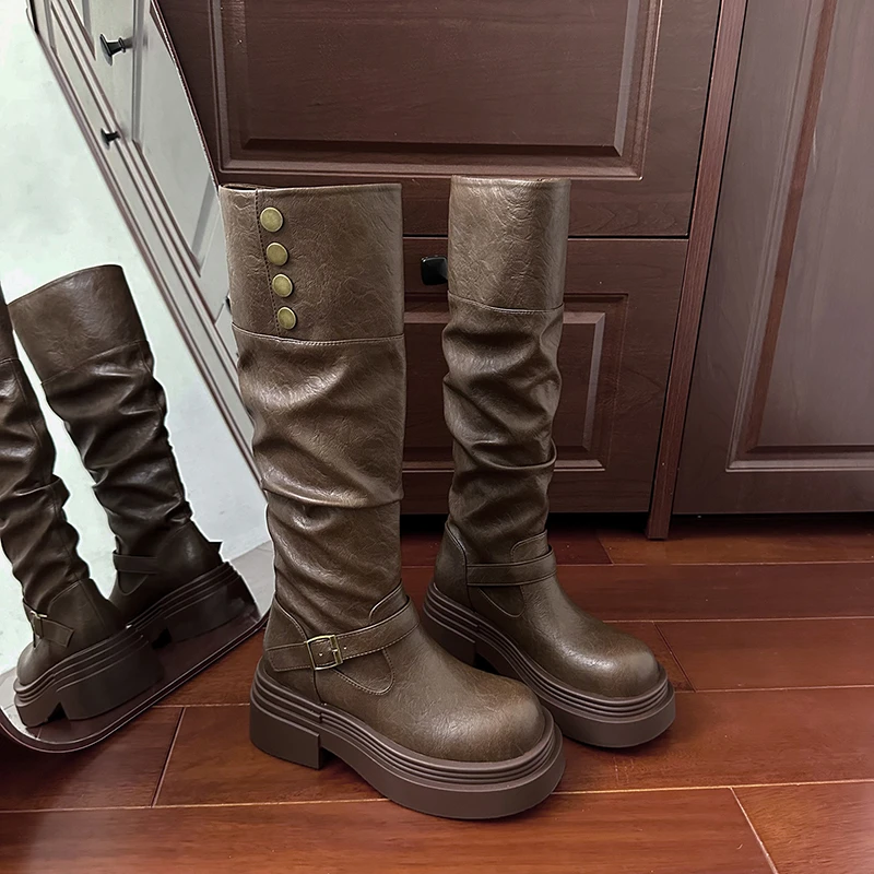 Autumn Winter Platform Thick Bottom Women Long Boots Fashion Slip On Shoes Vintage Ladies Knight Botas