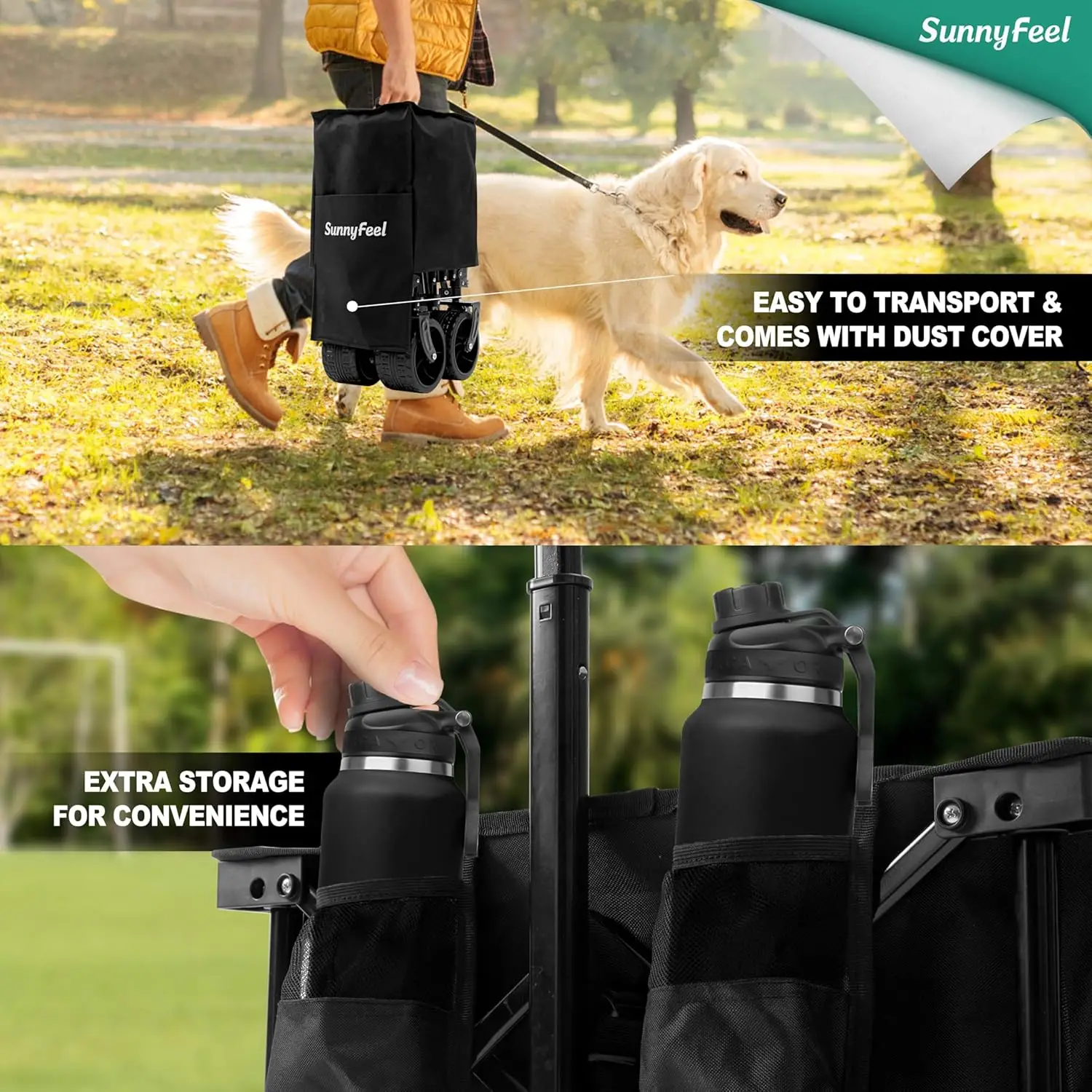 عربة عربة قابلة للطي شديدة التحمل مقاس 49 بوصة مع عجلات وفرامل وجيب جانبي للتخييم والرياضة والحديقة والتسوق (أسود) #5