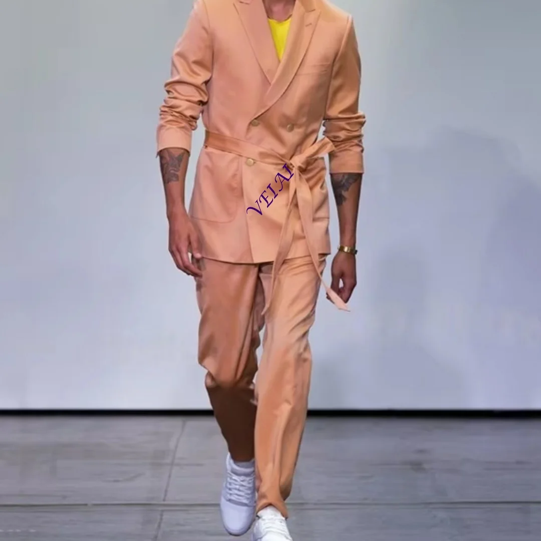 

Peaked Lapel Men's Suit Two Pieces With Belt Elegant Double Breasted Solid Color Casual Chic Male Clothes Set Jacket Customized