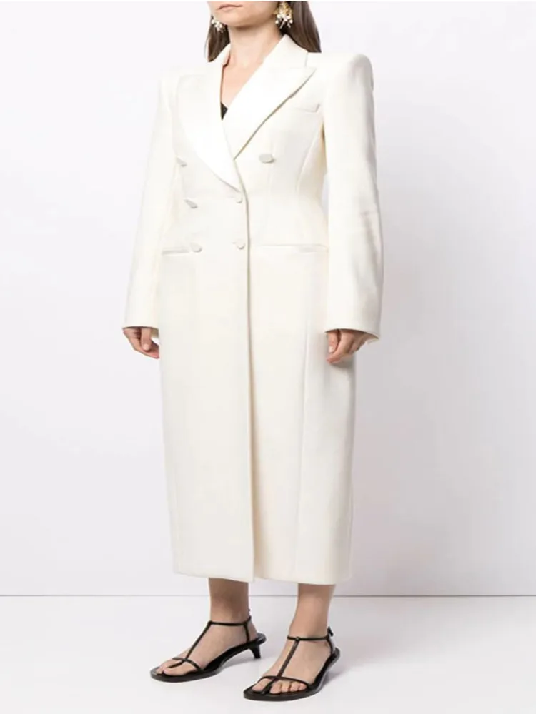 DEAT Fashion Women's Trench Coat Notched Collar Double Breasted Long Slevee High Waist White Windbreaker Autumn 2024 New 7AB035