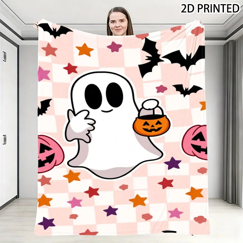 Playful Halloween Cartoon Ghost Print Throw Blanket, Pastel Pink & White Checkered Background with Cute Bats, Stars & Jack-O'-La