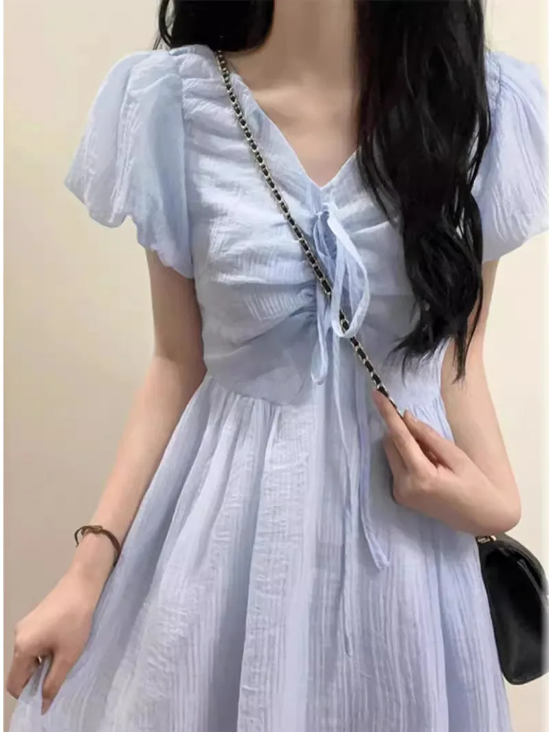 

French Bubble Sleeves First Love Tea Break Dress Fashionable Women's Summer New Sweet and Bow Tie Waist Fold Fairy Dress V9N7