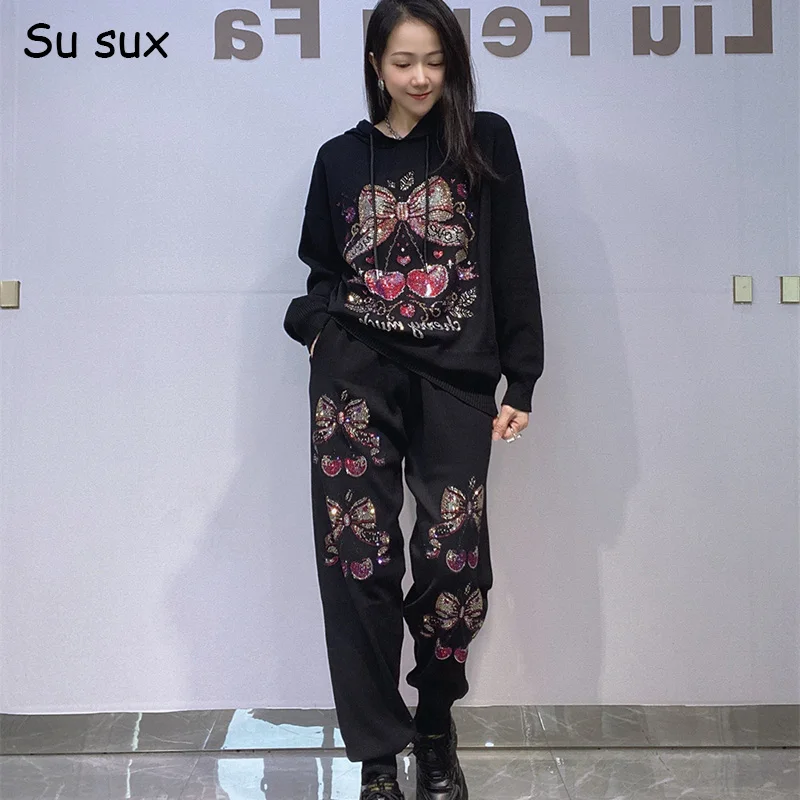 

Вязаные брюки-карандаш с блестками и бабочками, комплекты из 2 предметов, женская одежда, корейская мода, толстовки большого размера, одинаковые комплекты, 2025