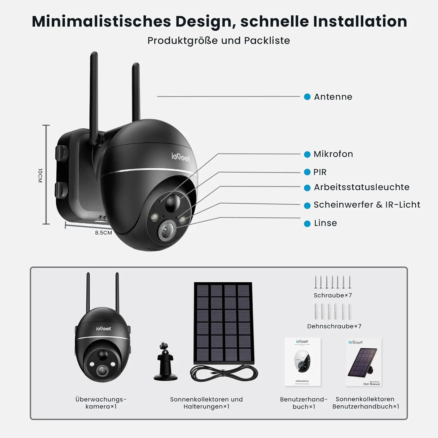 ieGeek 5MP Außenüberwachungskamera mit Akku, PTZ-Überwachungskamera für den Außenbereich, WLAN mit Solarpanel, PIR-Bewegungsmelder, 2,4 G