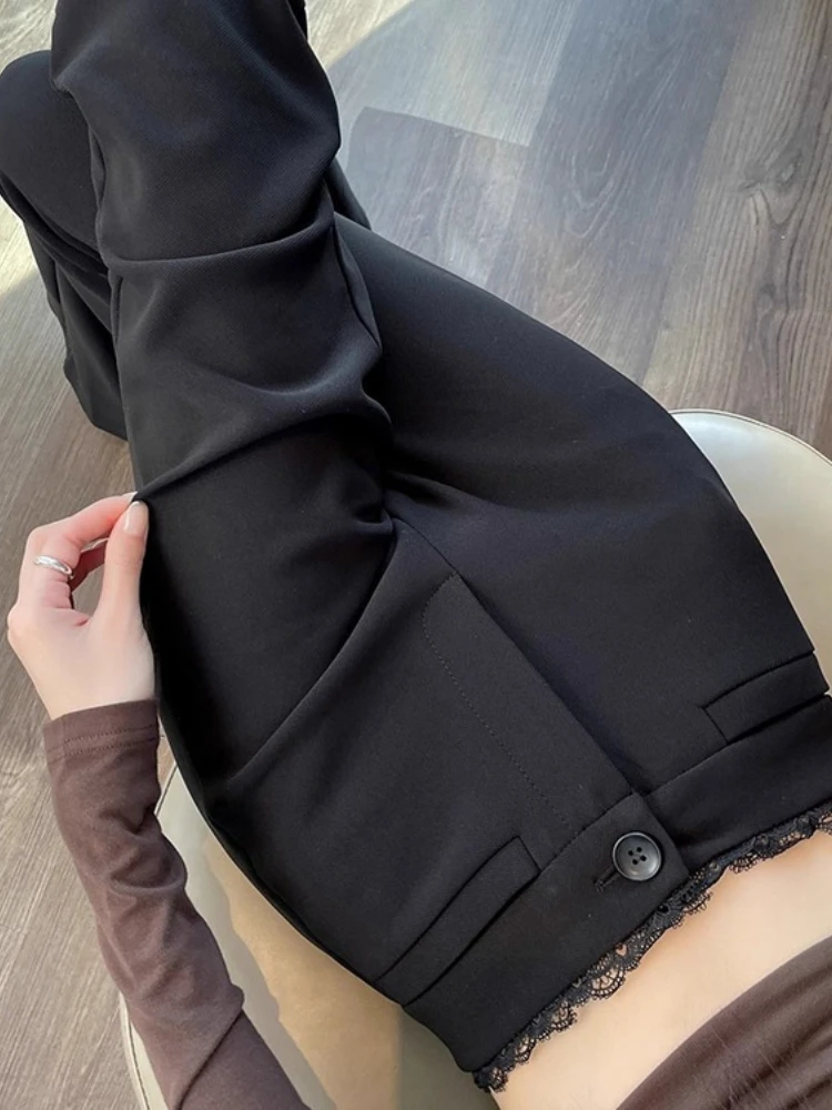 Black lace patchwork micro flared suit pants women's spring new high waisted slimming versatile trendy floor length pants