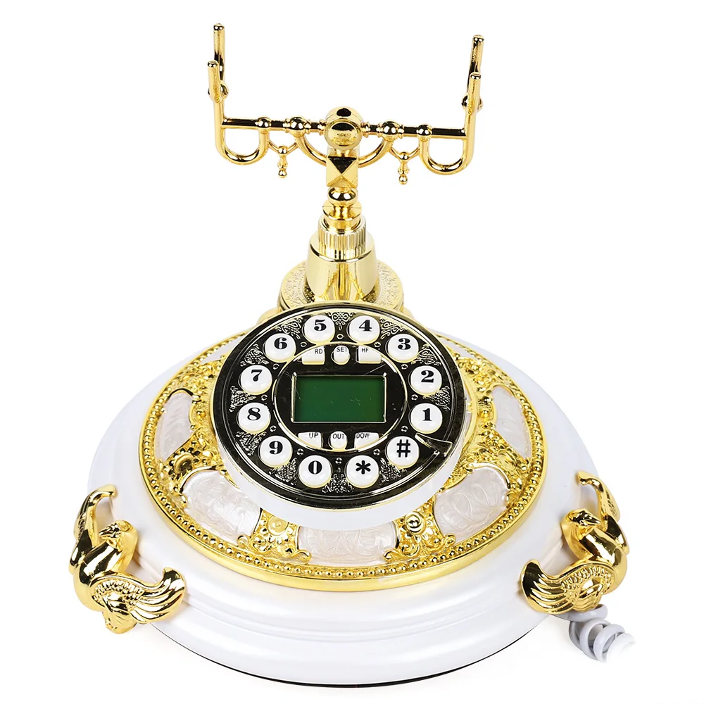 هاتف مكتب ريترو أبيض وذهبي - راتينج + معدن (متين) بدون استخدام اليدين/إعادة الاتصال/تسجيل المكالمات، حجم صغير مثالي لديكور المكاتب المنزلية