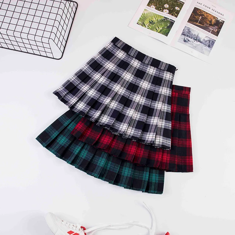 2023 Women A- line Skirt Red Plaid Skirt korean harajuku plaid skirt Spring and Autumn New Pleated High Waist Skirt