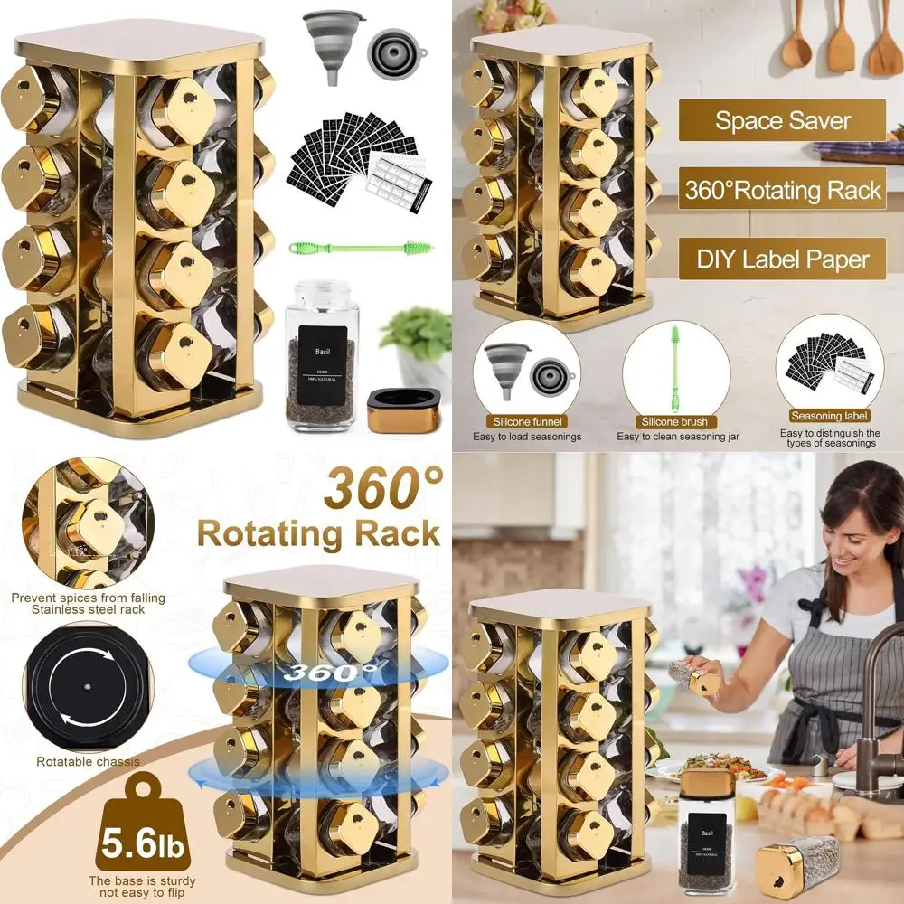 

Golden 16-Can Stainless Steel Kitchen Spice Rack with Glass Jars and 275 Labels - Rotating Tower Storage