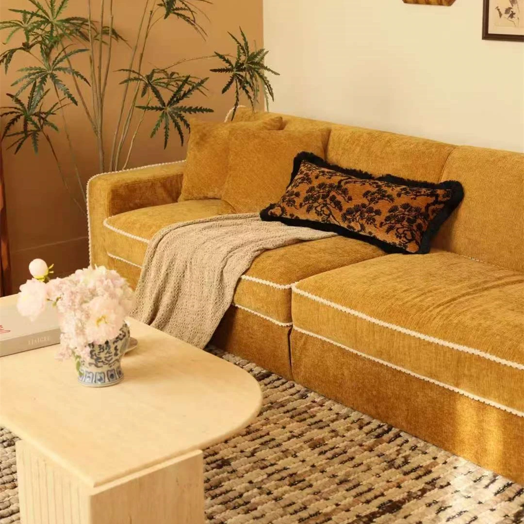 &c French Retro Advanced Coco Sofa Yellow Chenille French Pastoral Style Straight Cloth Gym Mall Hotel Villa Hospital School