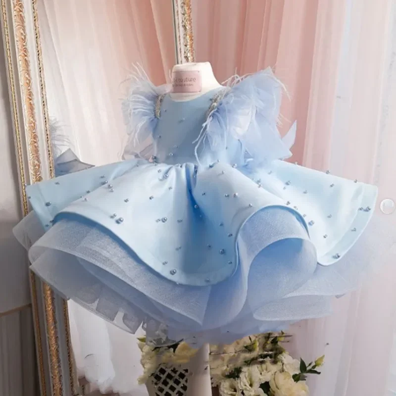 Elegant Party Girl Dresses Princess Beading Flared Blue Ball Gowns Baby Girls Toddlers First Birthday Partywear Clothes Vestido