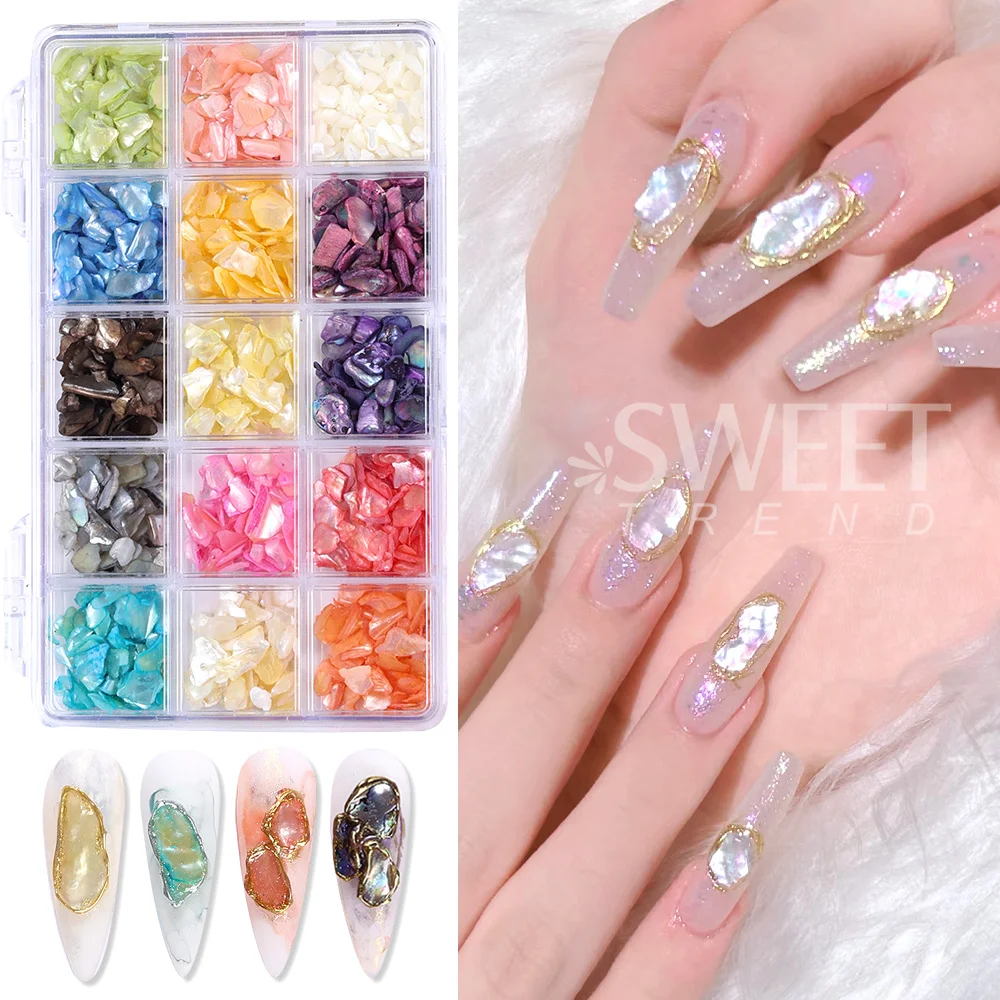 SWEET TREND-15 Grid Irregular Sea Shell Texture Slice Aurora Abalone Charms Flakes For Nail Art Decoration Manicure Accessories