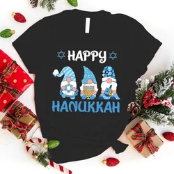 Hot Christmas Gnome Happy Hanukkah Letter Printing T-Shirt Women Fashion Short Sleeve Street Casual Personality Summer T-Shirt