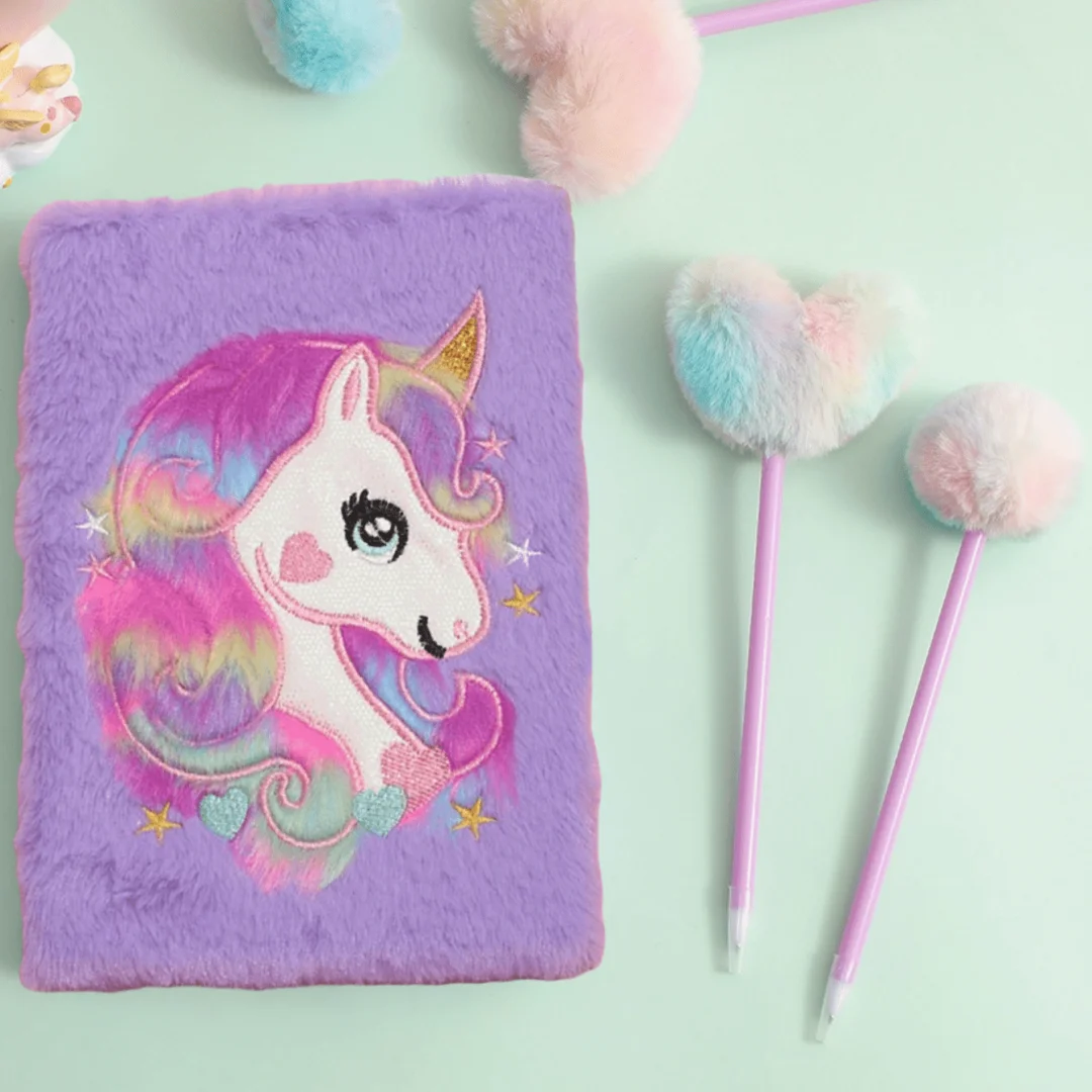 2Pcs/Set Cartoon Unicorn Plush Notebook Set Cross-Border Children's Writing and Drawing Journal Student Lockable Study Record Book, Children's Tie-Dye Heart Plush Journal Pen Student School Celebration Activity Reward Gift Pen Learning Writing Ballpoint Pen for Girls, Children's Christmas Gift Set