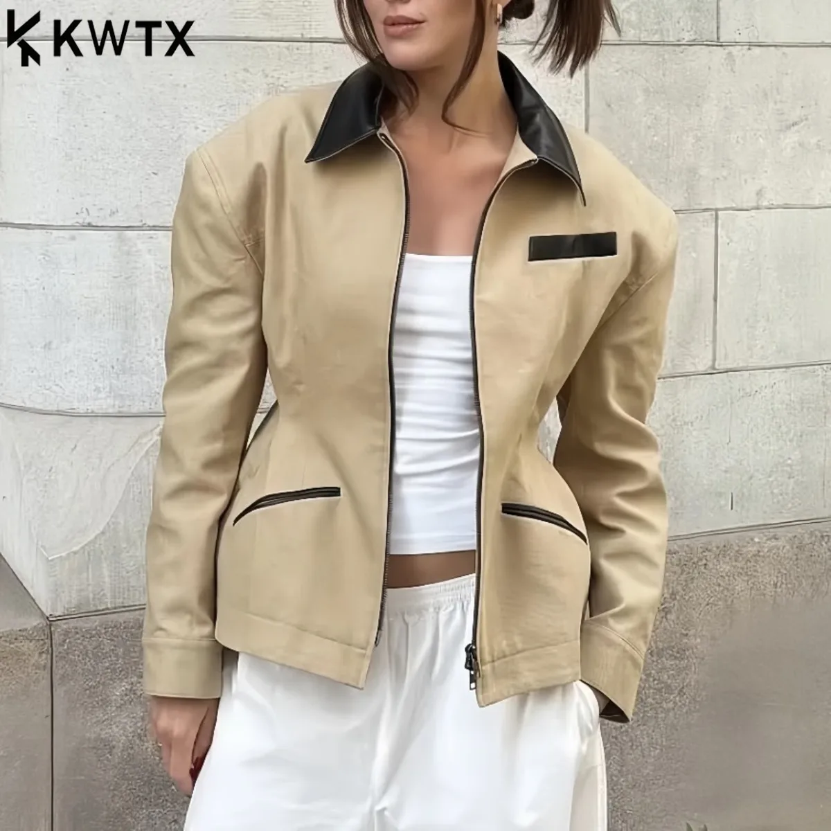 

KWTX женская однотонная повседневная куртка с лацканами и карманами на молнии, облегающая, удобная, элегантная, премиум-класса в стиле ретро, осень-зима 202, модная верхняя одежда