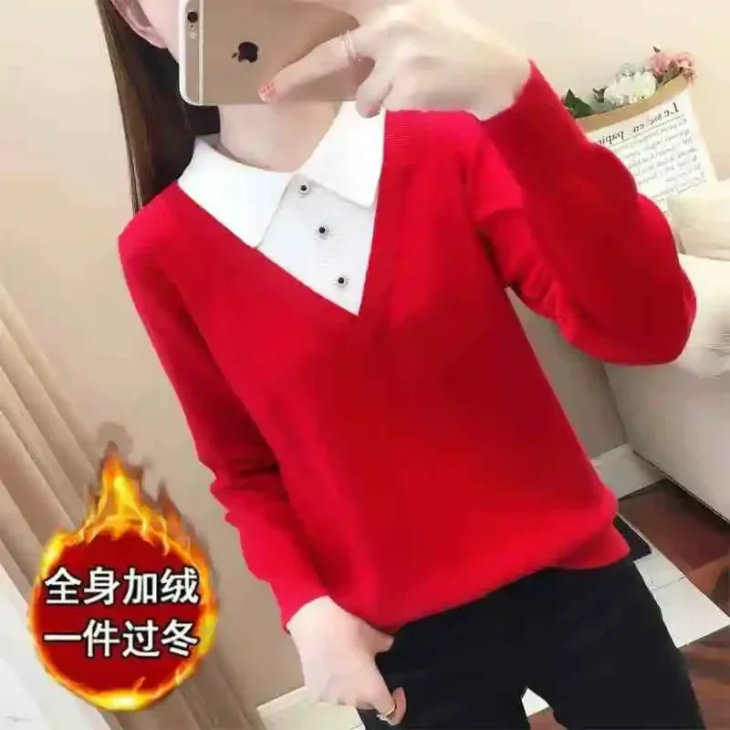 Fake Two-piece Knitted Sweater for Women Autumn Winter Velvet Bottoming Sweater Loose Versatile Foreign Style POLO Collar Top