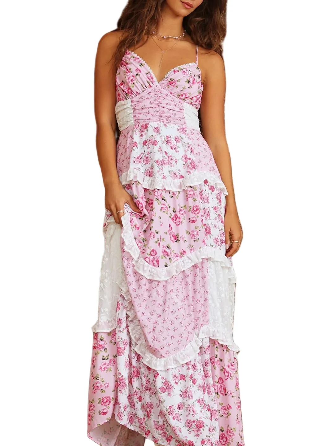 Abito patchwork estivo casual da donna Abiti corti gonfi con scollo all'americana e volant a strati