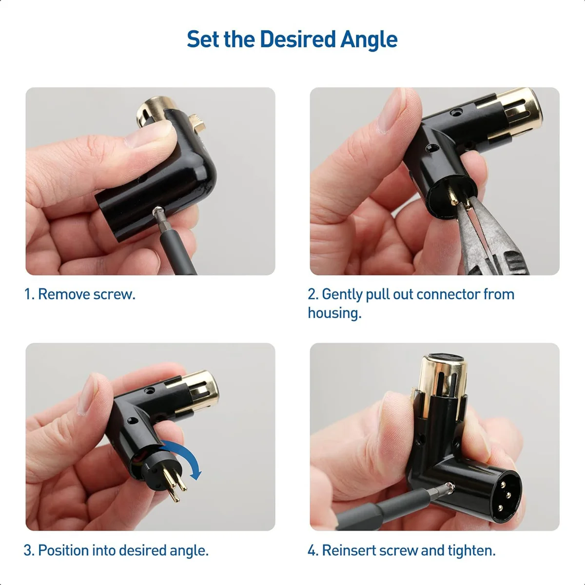 2 szt. Adapter audio wtyczka regulowany męski na żeński kątowy adapter XLR 3Pin czarny (adapter XLR 90 stopni)