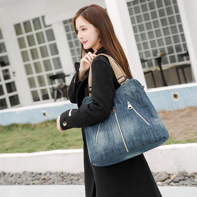 Annmouler Women Large Capacity Tote Bag Quality Denim Handbag Luxury Ladies Shoulder Bag Light Blue bolso mujer 2022 Purse