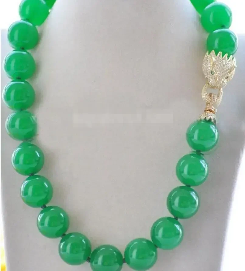 Huge 18mm Round Green Jade Bead Necklace Cougar zircon Leopard head clasp 18inch