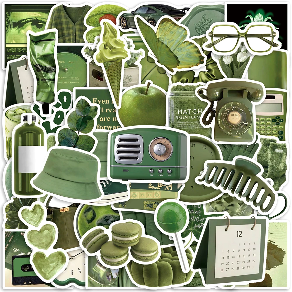 10/30/50 Uds. Pegatinas Estéticas Estilo Coreano Verde Oliva, Pegatinas Artísticas Estilo Ins, Calcomanías Kawaii para Decoración de Equipaje, Laptop y Teléfono