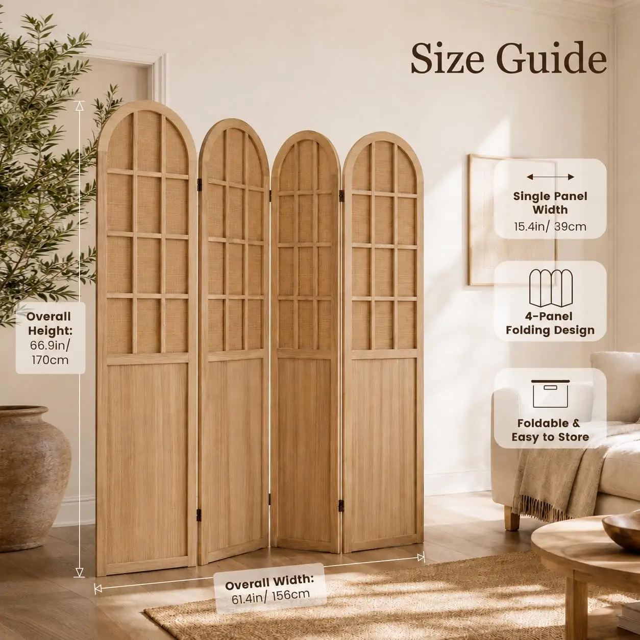 4 Panel Bamboo Room Divider Privacy Screen, Folding Freestanding Portable Partition Woven Slat Upper Panel Lower Board For Bedro