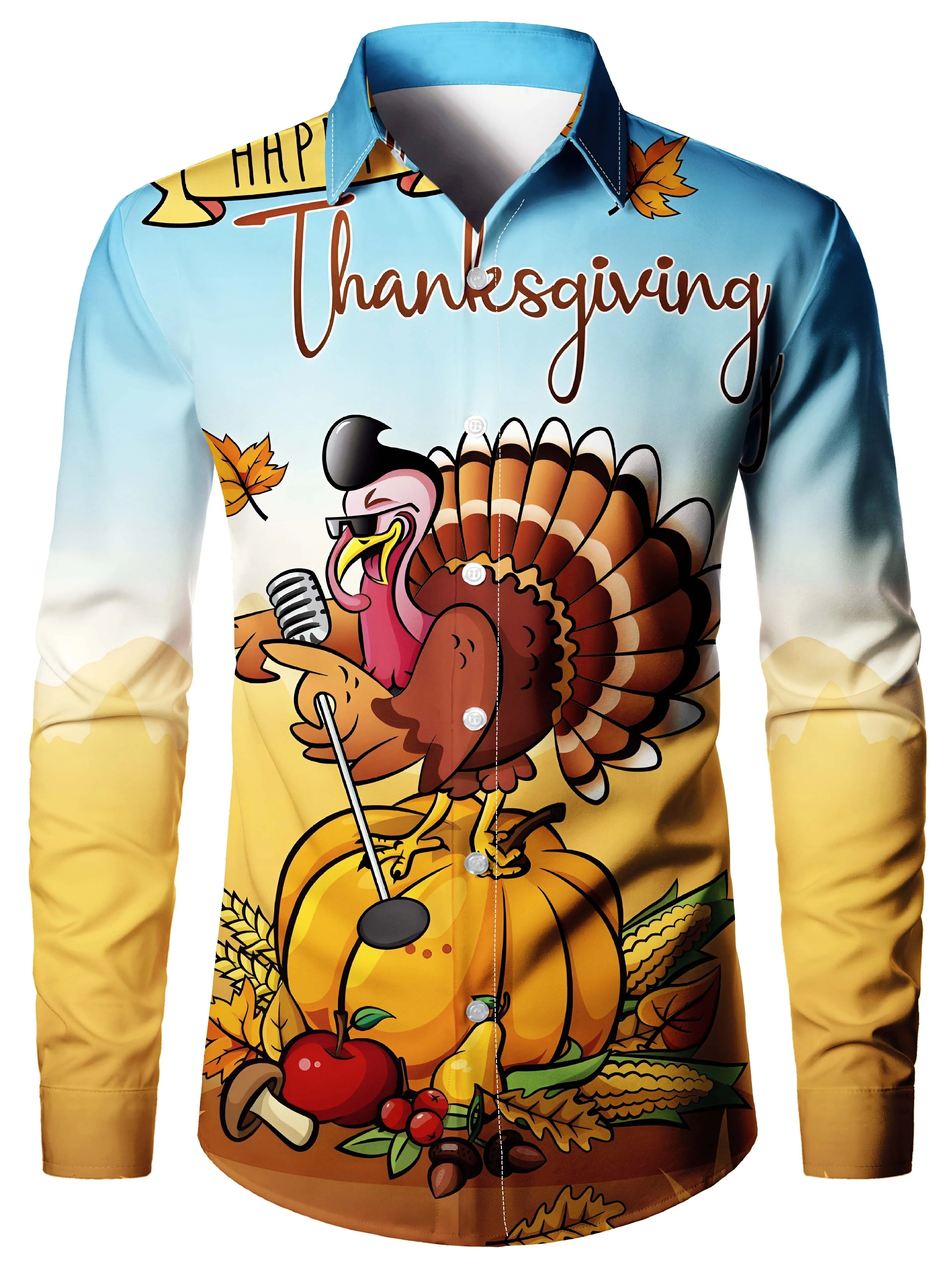 Casual lapel thanksgiving shirt tops mens clothing hawaiian shirts men shirts 3d turkey maple leaf print long sleeve shirt